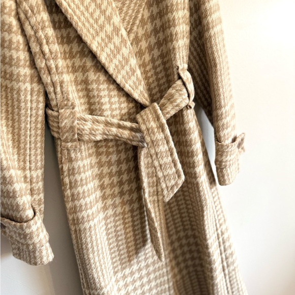 Vintage J. Crew Houndstooth long Wool Coat Tan Cream Size 4 P Checkered belted - Picture 5 of 16